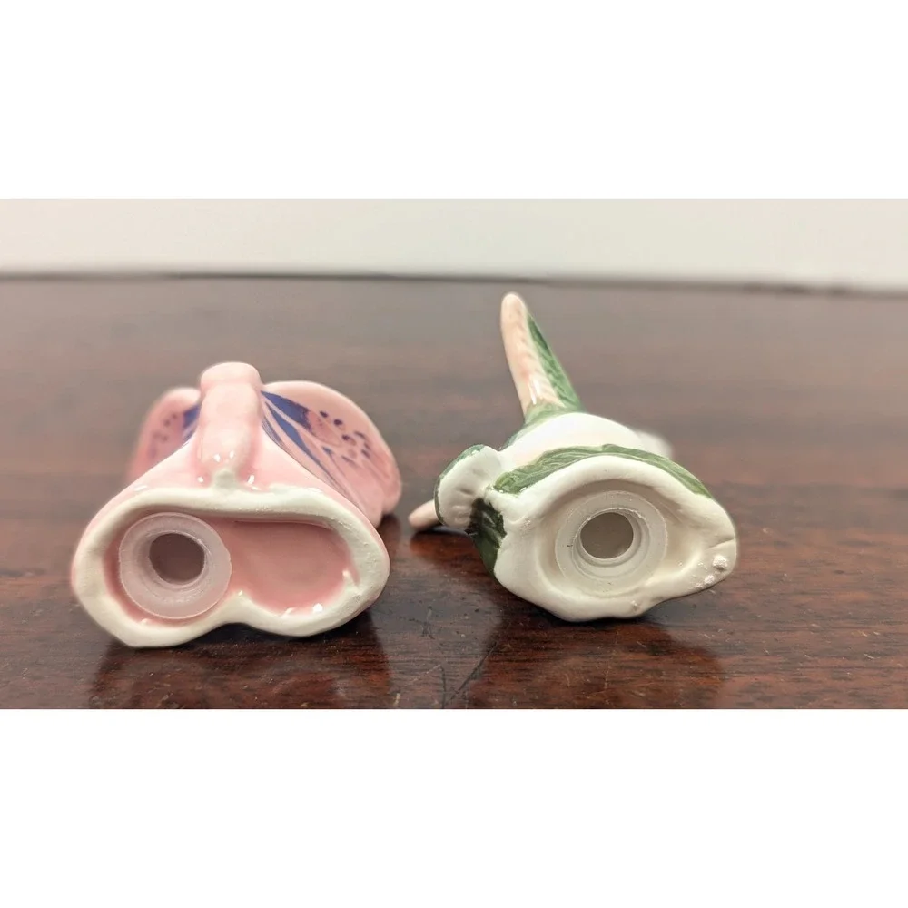 Hummingbird Butterfly Ceramic Salt Pepper Shakers Pink Green Floral Figurines